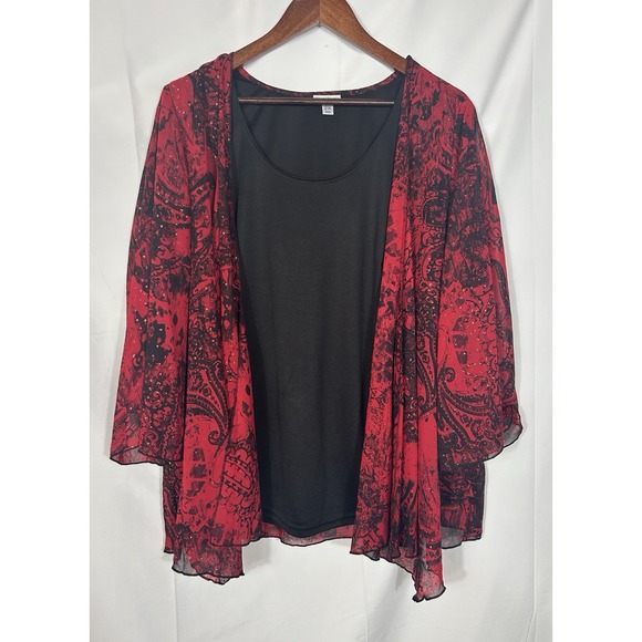 Rebecca Malone Tops - Rebecca Malone Womens Floral Red Black Holiday Party Top Sparkle Flowy‎ Size 2X